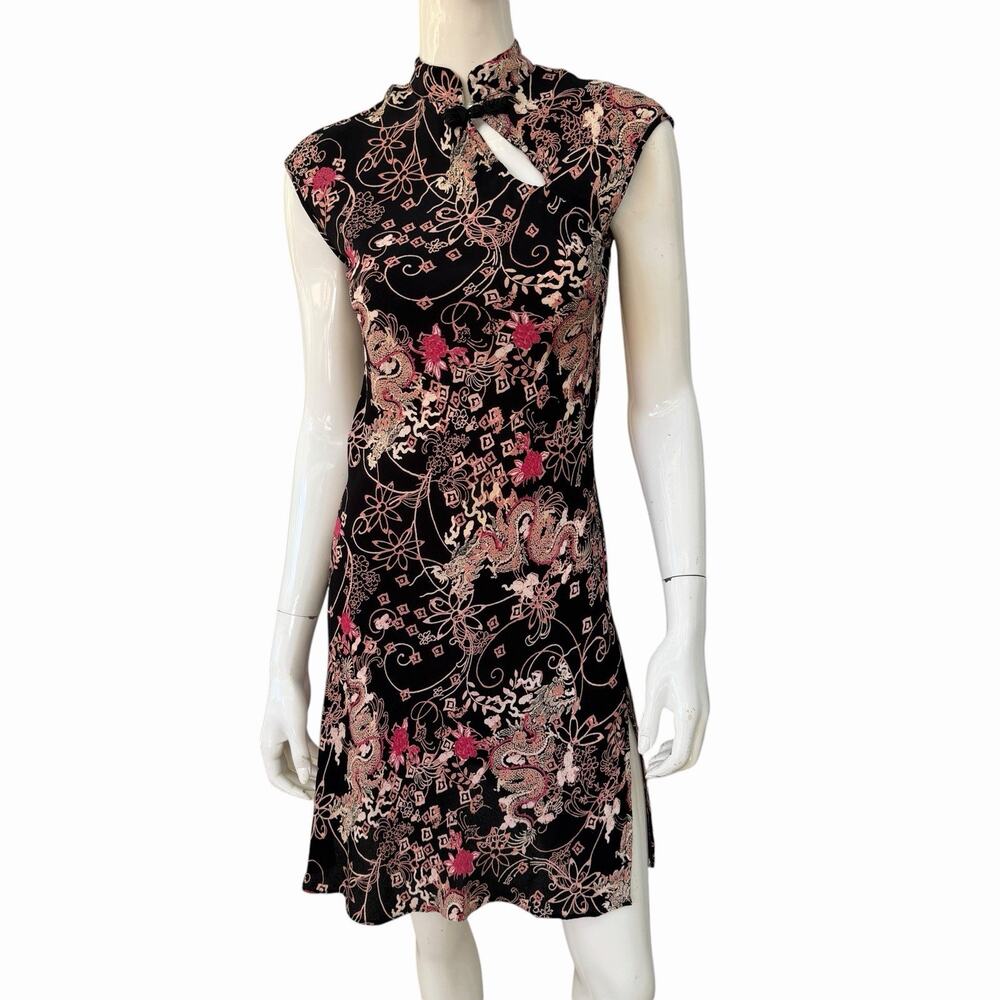 Vintage Y2K Rayon Dragon Print Qipao Style Dress By Angie, Size S